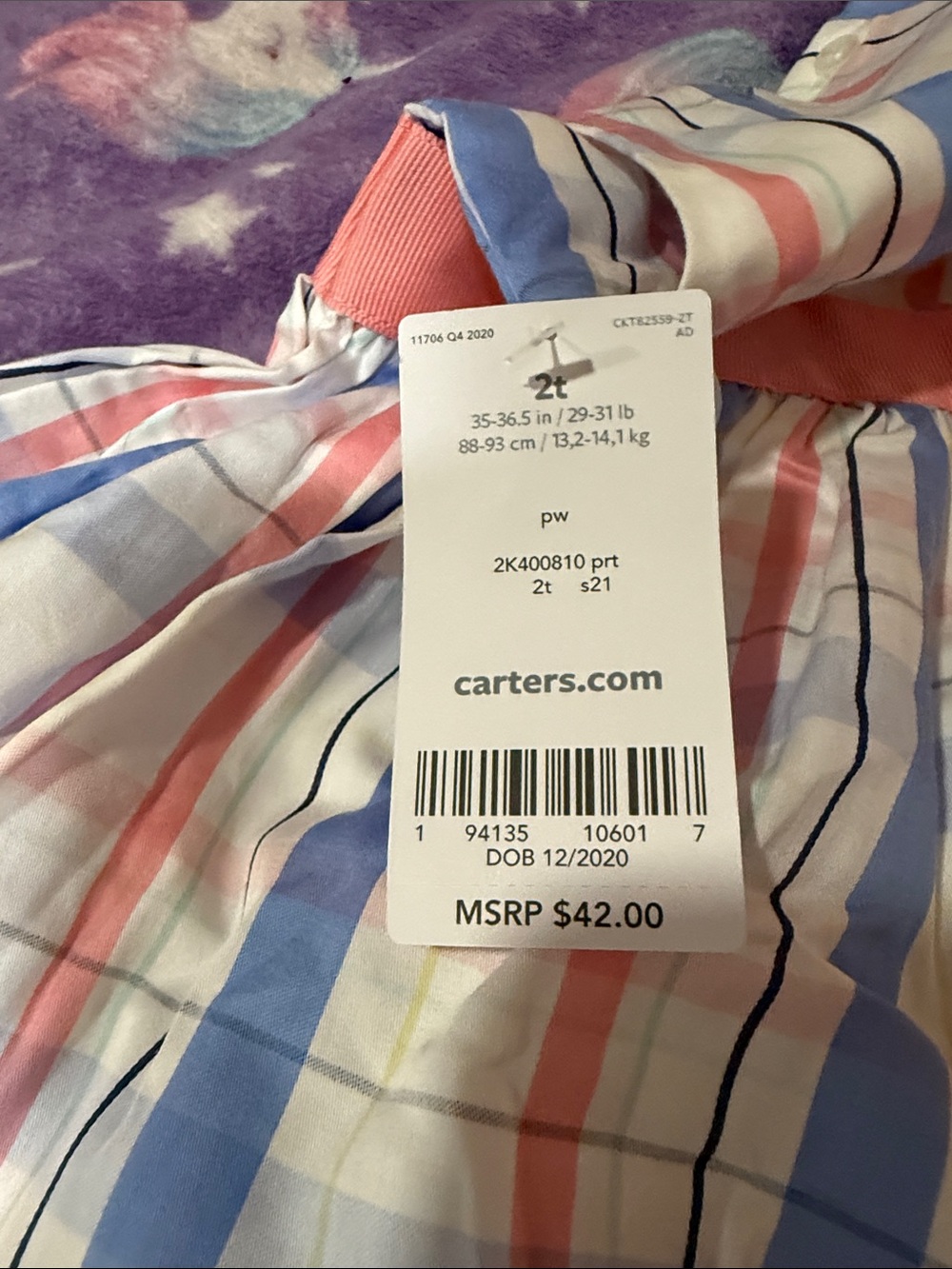 Girls' Plaid Cotton Dress with Coral Waist - Brand: (not visible) - Picture 3 of 3